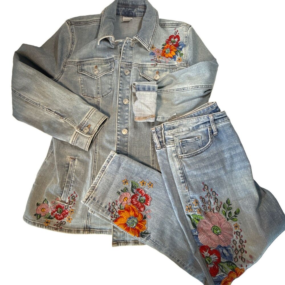 Chico’s Embroidered Denim Jacket & Jean Set Sz 12 So Slimming Girlfriend Ankle